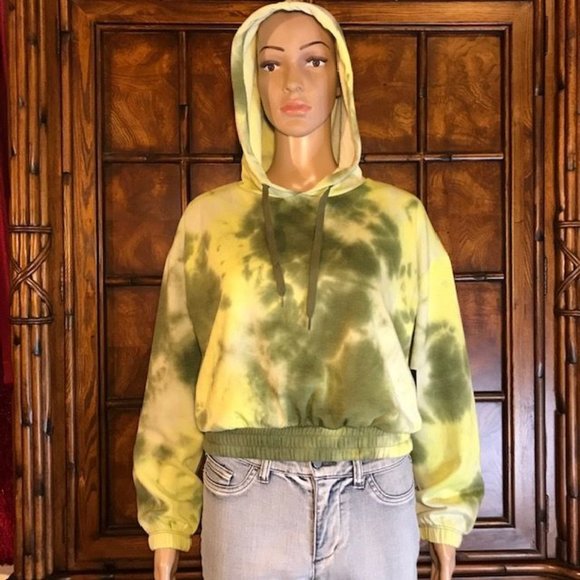 Tuscan Olive Fleece Lined Cotton Blend Cropped Tie Dye Sweatshirt Hoodie - Picture 1 of 14